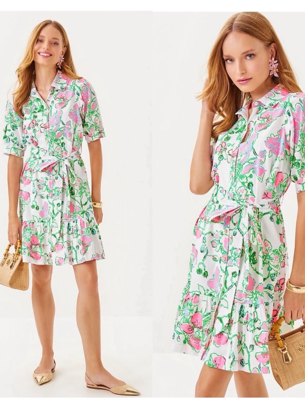 LILLY PULITZER sashria dress  Size 10 white pink green no belt gold label